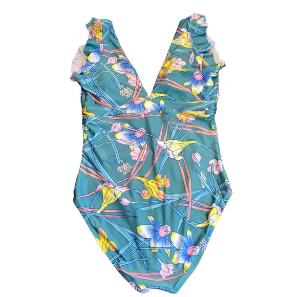 ModCloth The Kelsie Ruffle Blue Floral Plunge Neck One Piece Swimsuit Sz L - Picture 7 of 16